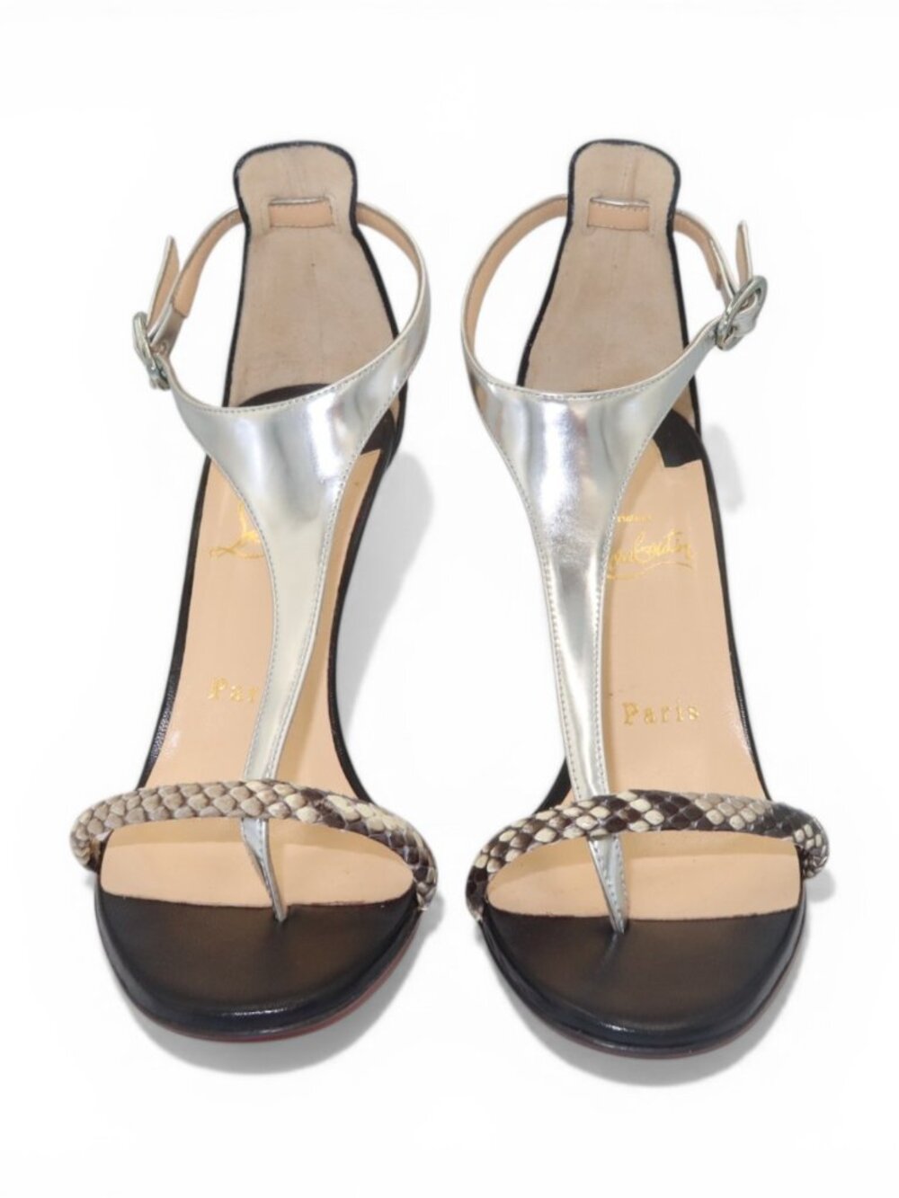 Christian Louboutin Athina Python T Strap Sandals Black Silver Size 37.5 - Picture 3 of 16